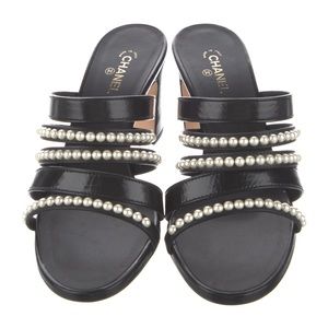 Chanel Leather and Pearl Black Block Heel Slides